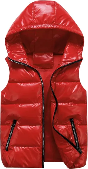 Happy Cherry Boys Shiny Quilted Vest, Teens Hooded Vest Zipper Sleeveless Jacket