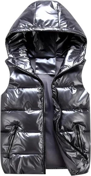 Happy Cherry Boys Shiny Quilted Vest, Teens Hooded Vest Zipper Sleeveless Jacket