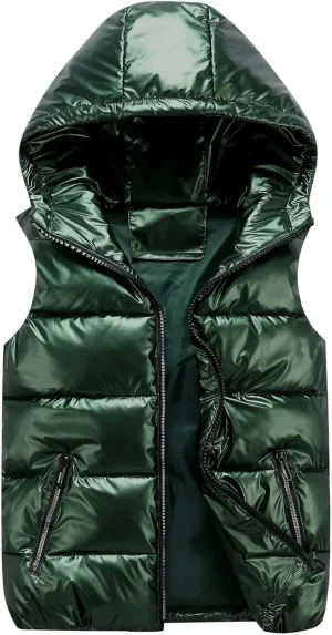 Happy Cherry Boys Shiny Quilted Vest, Teens Hooded Vest Zipper Sleeveless Jacket