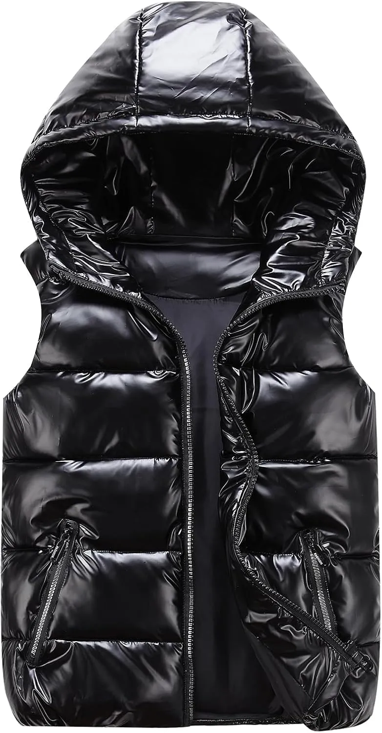 Happy Cherry Boys Shiny Quilted Vest, Teens Hooded Vest Zipper Sleeveless Jacket