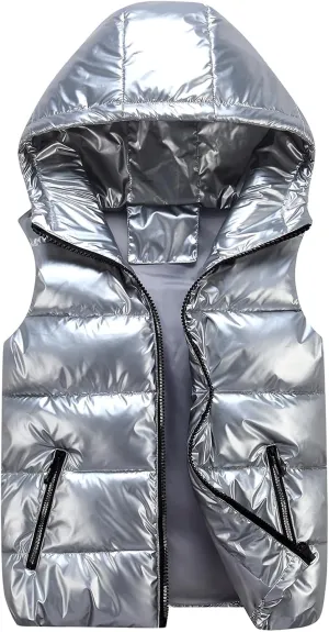Happy Cherry Boys Shiny Quilted Vest, Teens Hooded Vest Zipper Sleeveless Jacket