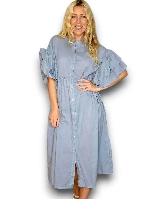 Helga May Bianca Cotton Front Button Frill Dress - Light Petrol