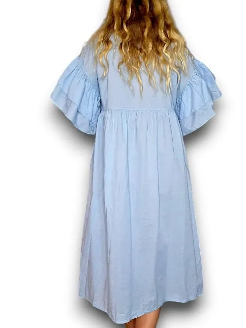 Helga May Bianca Cotton Front Button Frill Dress - Light Petrol