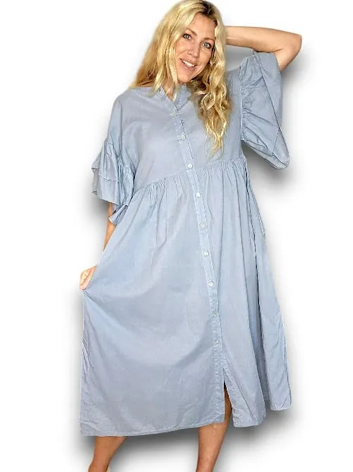 Helga May Bianca Cotton Front Button Frill Dress - Light Petrol