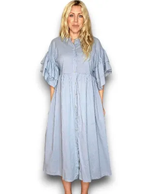 Helga May Bianca Cotton Front Button Frill Dress - Light Petrol