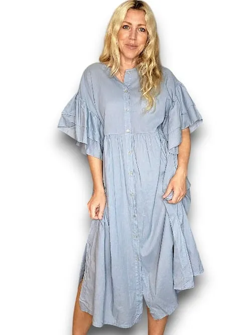 Helga May Bianca Cotton Front Button Frill Dress - Light Petrol