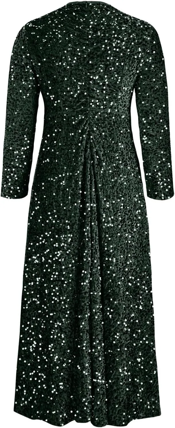 HGps8w Women' Elegant Sequins Midi Prom Dress Plus Size Long Sleeve Sparkly Formal Evening Dresses Cocktail Party Gowns