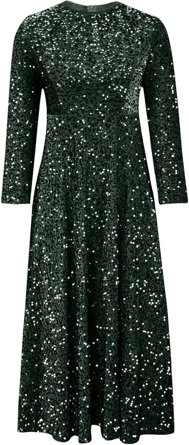 HGps8w Women' Elegant Sequins Midi Prom Dress Plus Size Long Sleeve Sparkly Formal Evening Dresses Cocktail Party Gowns