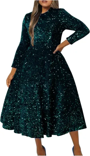 HGps8w Women' Elegant Sequins Midi Prom Dress Plus Size Long Sleeve Sparkly Formal Evening Dresses Cocktail Party Gowns