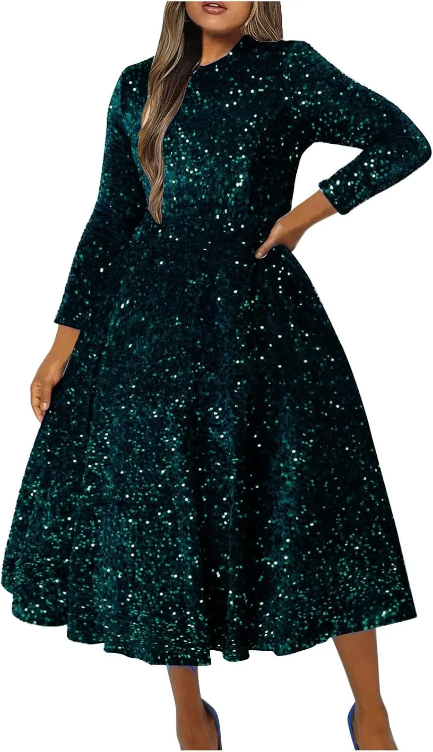 HGps8w Women' Elegant Sequins Midi Prom Dress Plus Size Long Sleeve Sparkly Formal Evening Dresses Cocktail Party Gowns