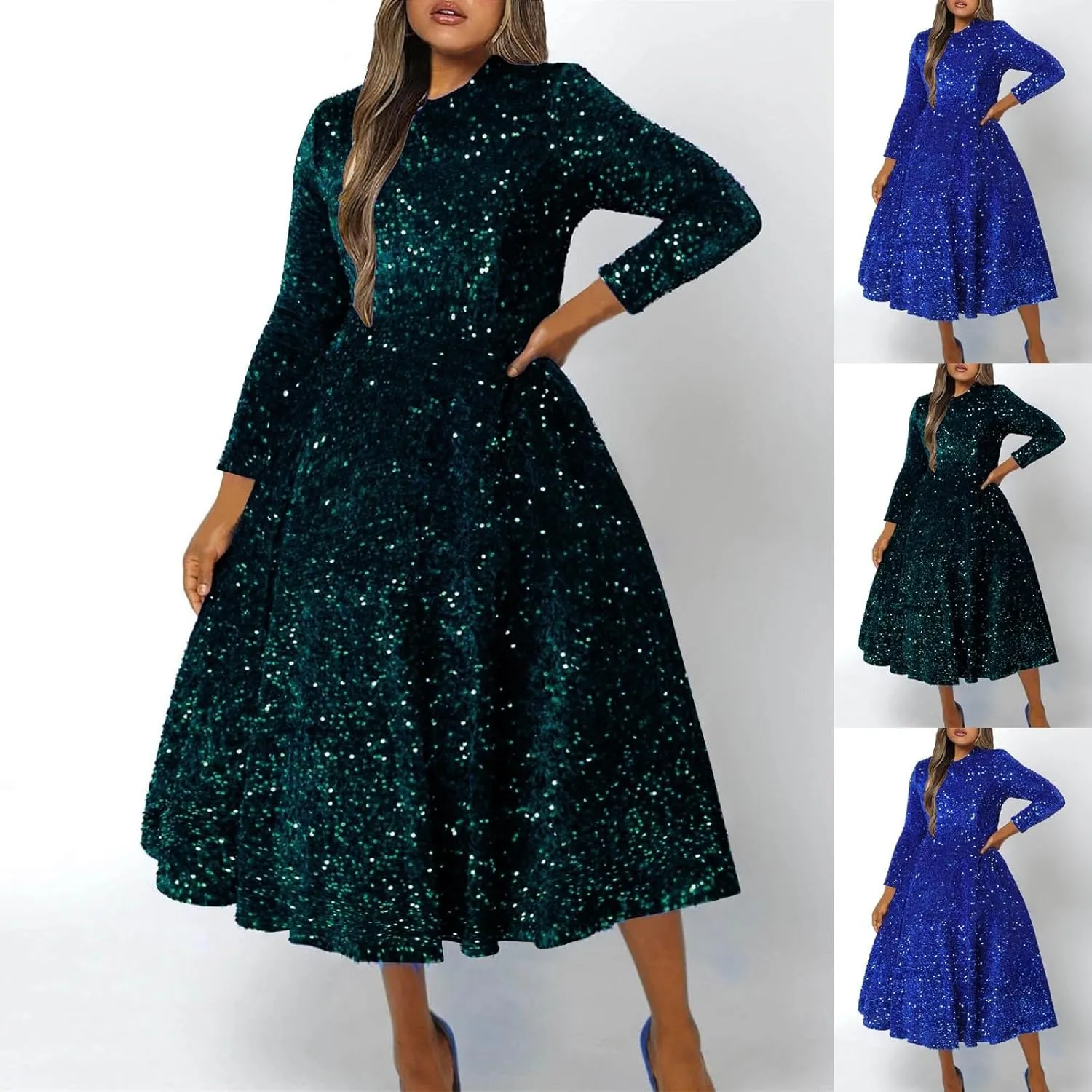 HGps8w Women' Elegant Sequins Midi Prom Dress Plus Size Long Sleeve Sparkly Formal Evening Dresses Cocktail Party Gowns