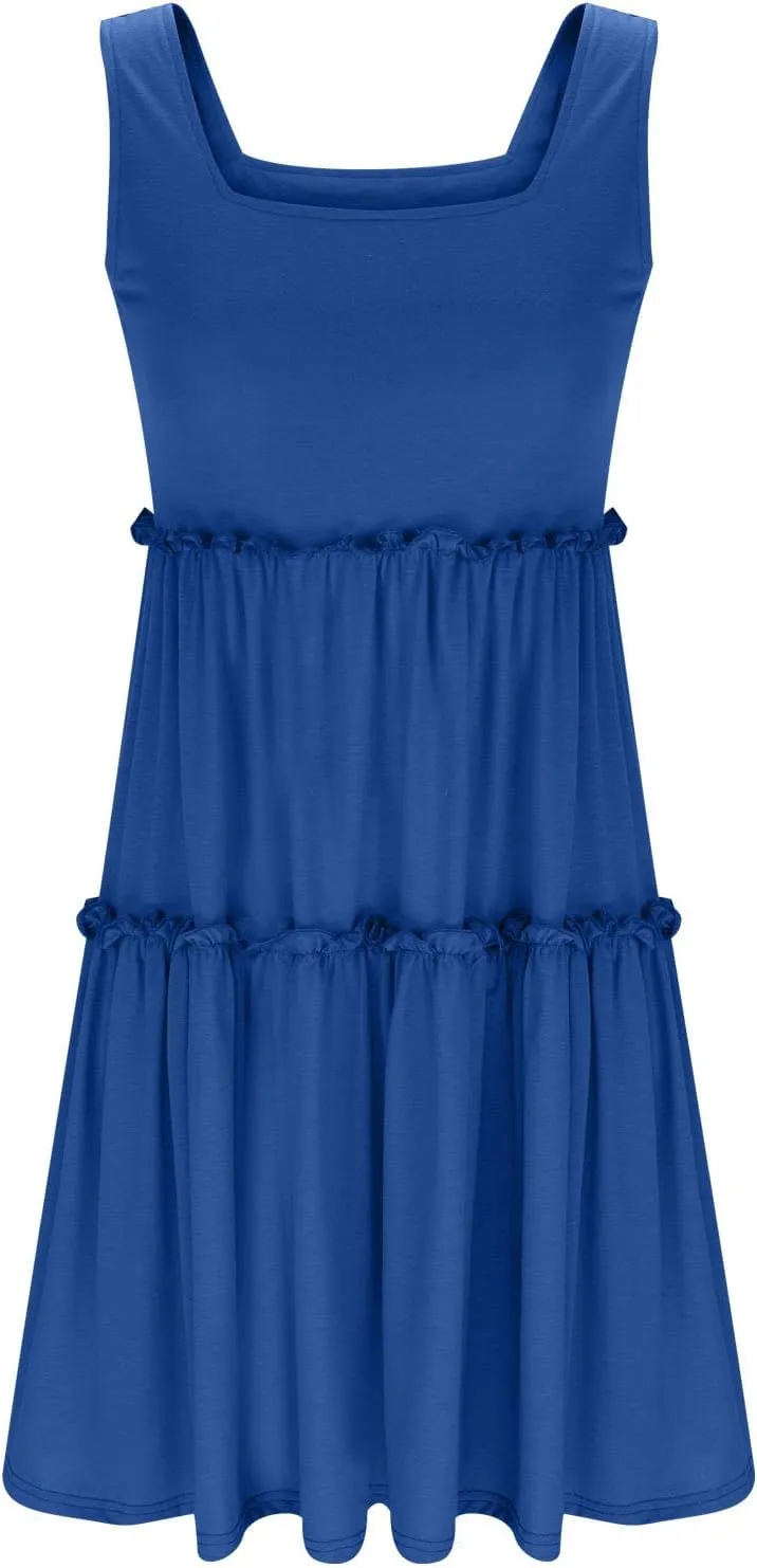 HGps8w Womens 2025 Summer Square Neck Tank Dresses, A-Line Casual Sleeveless Ruffle Tiered Loose Swing Mini Dress