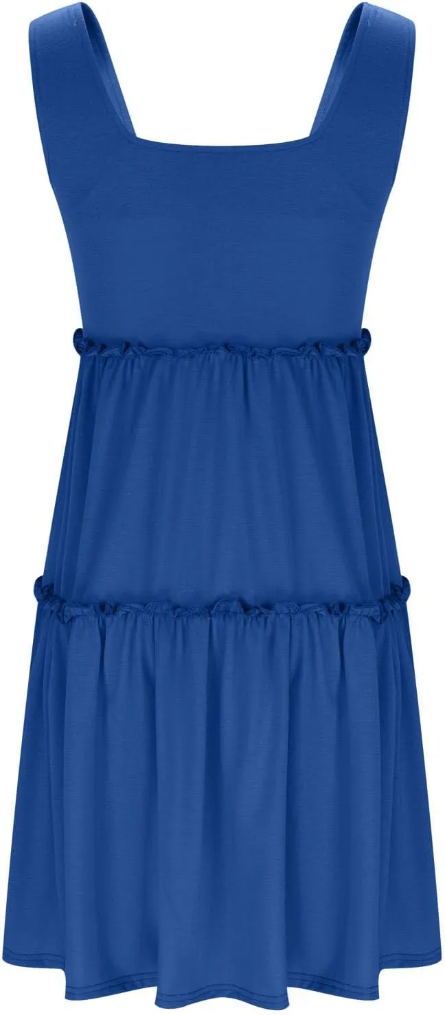 HGps8w Womens 2025 Summer Square Neck Tank Dresses, A-Line Casual Sleeveless Ruffle Tiered Loose Swing Mini Dress