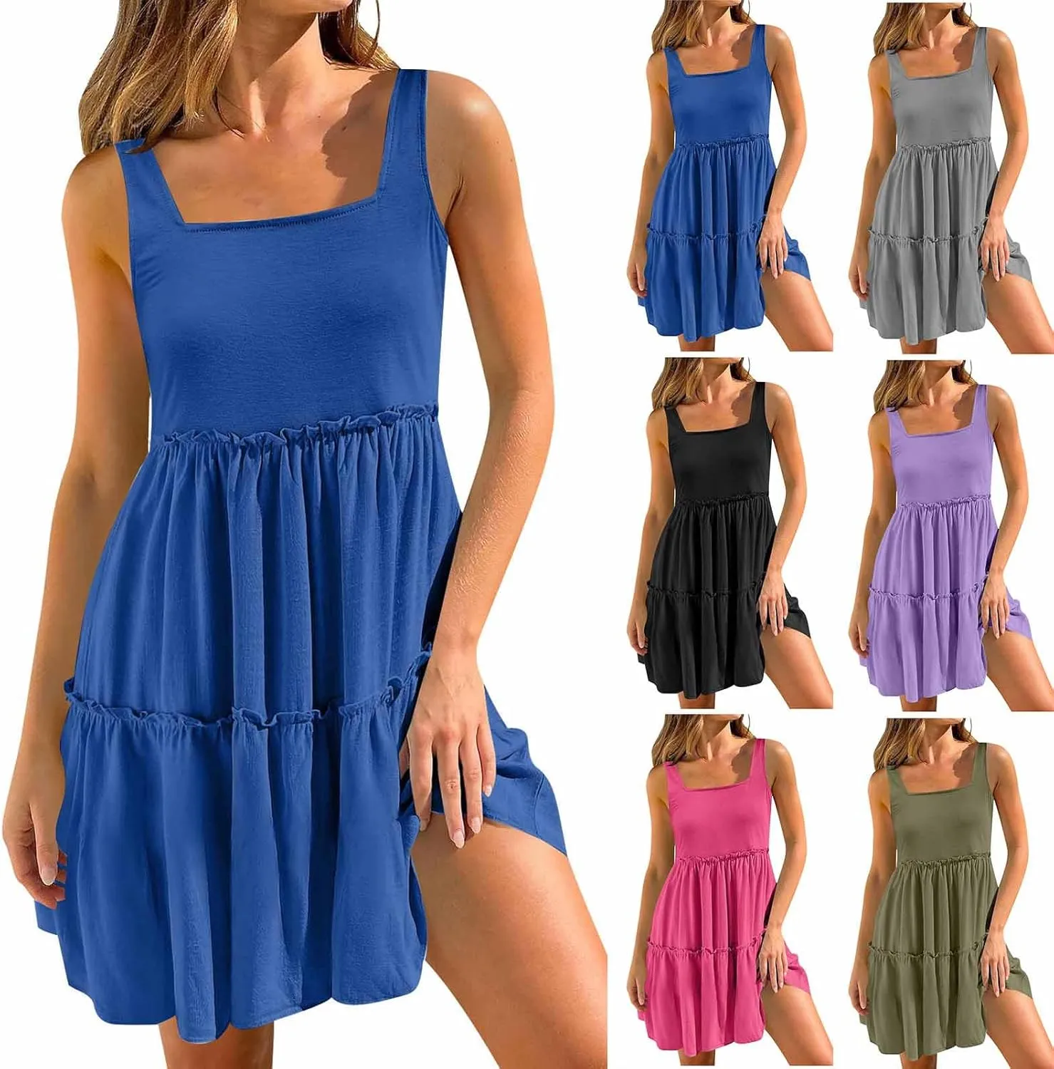HGps8w Womens 2025 Summer Square Neck Tank Dresses, A-Line Casual Sleeveless Ruffle Tiered Loose Swing Mini Dress