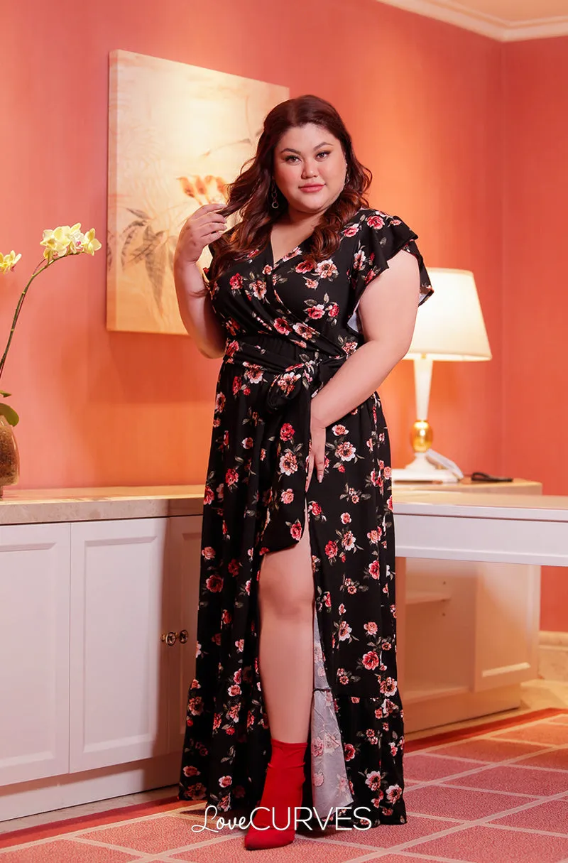 High Slit Ruffle Wrap Maxi Dress with Sash Belt- Roses Black
