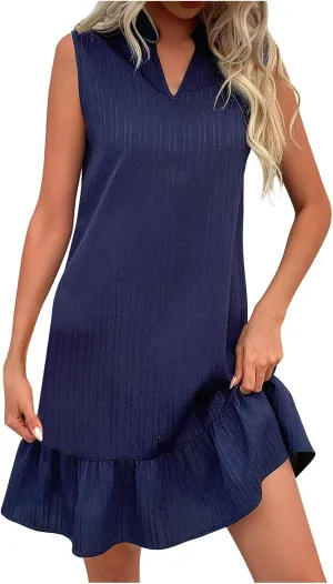 hlysgo Summer Dress for Women 2025 Trendy A-Line Flowy Ruffle Mini Sundress Casual Loose Fit Sleeveless V Neck Beach Dresses