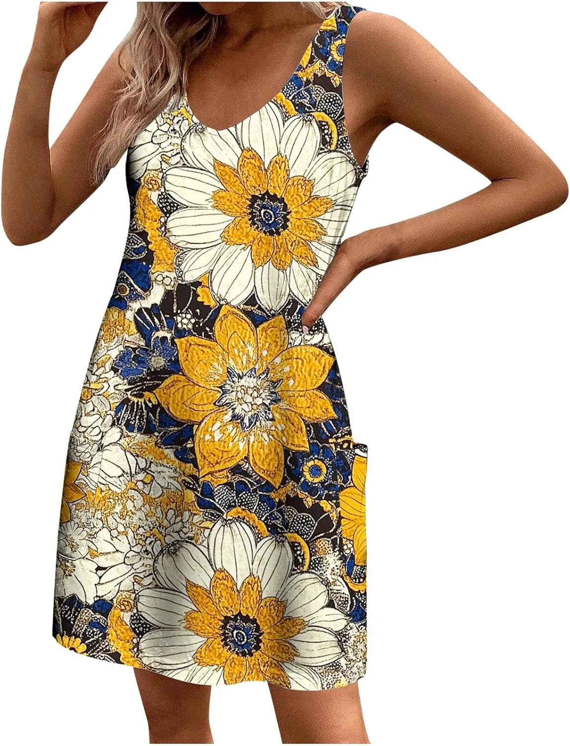 hlysgo Summer Mini Dress for Women Casual Sleeveless V Neck Beach Dresses Trendy Floral Print Short Sundress with Pockets