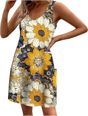 hlysgo Summer Mini Dress for Women Casual Sleeveless V Neck Beach Dresses Trendy Floral Print Short Sundress with Pockets