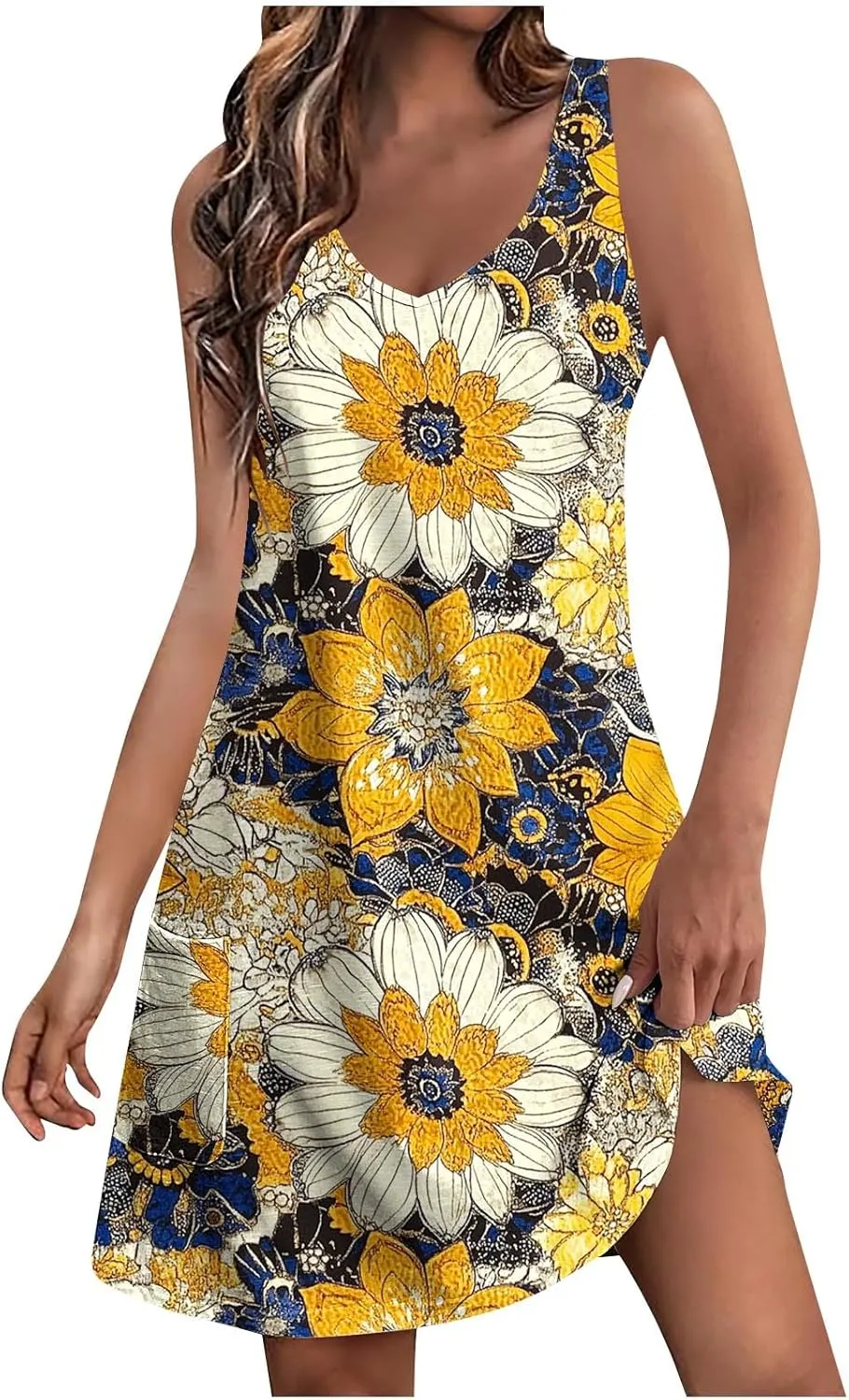 hlysgo Summer Mini Dress for Women Casual Sleeveless V Neck Beach Dresses Trendy Floral Print Short Sundress with Pockets