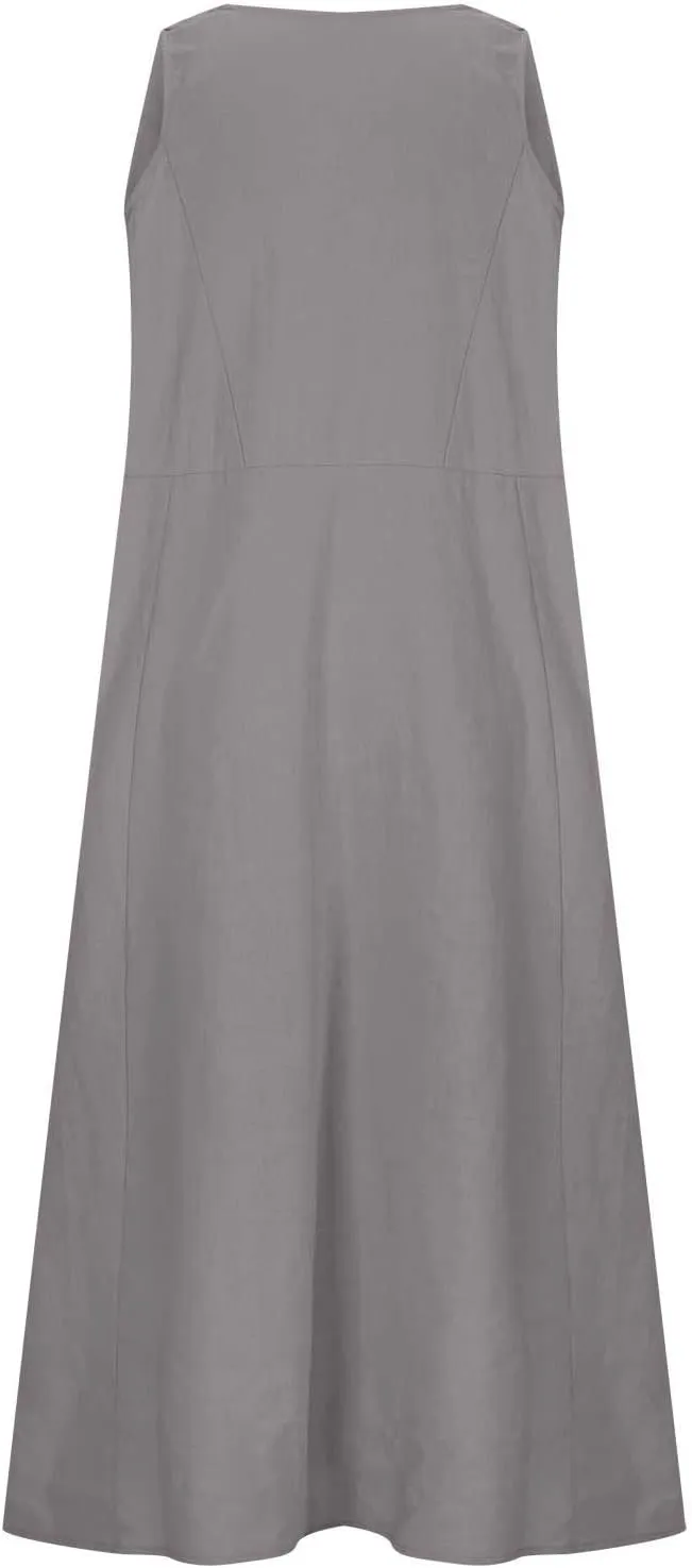 hlysgo Women Beach Dresses Summer Plus Size Sleeveless Scoop Neck Midi Dress Casual Flowy Vacation Sundress with Pockets