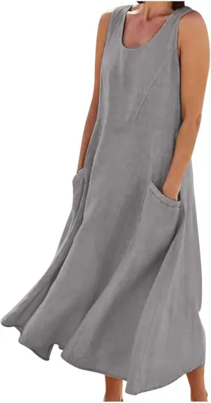 hlysgo Women Beach Dresses Summer Plus Size Sleeveless Scoop Neck Midi Dress Casual Flowy Vacation Sundress with Pockets