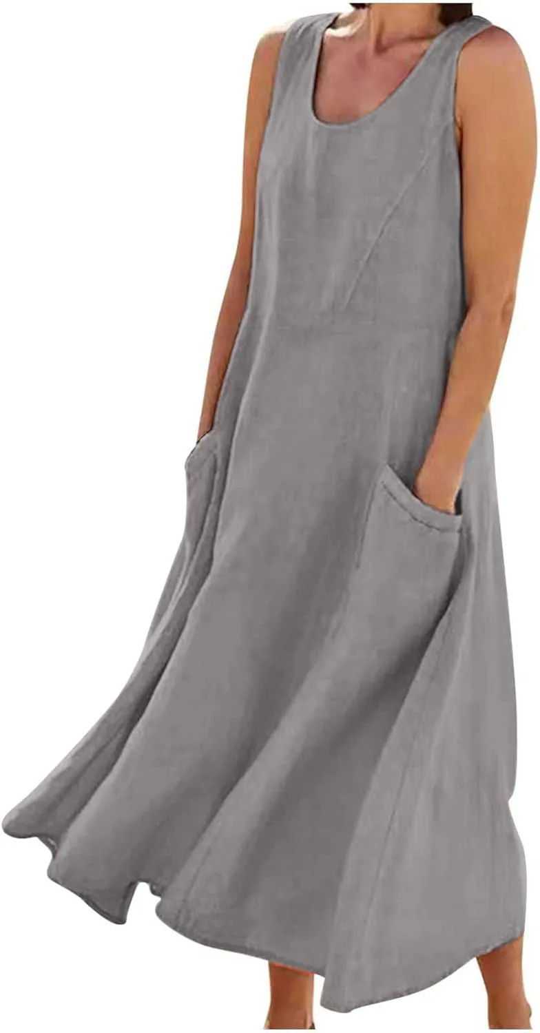 hlysgo Women Beach Dresses Summer Plus Size Sleeveless Scoop Neck Midi Dress Casual Flowy Vacation Sundress with Pockets