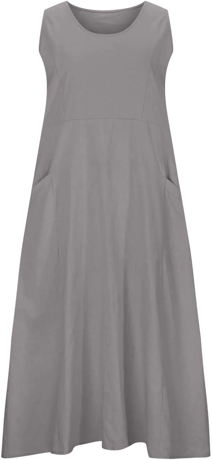 hlysgo Women Beach Dresses Summer Plus Size Sleeveless Scoop Neck Midi Dress Casual Flowy Vacation Sundress with Pockets
