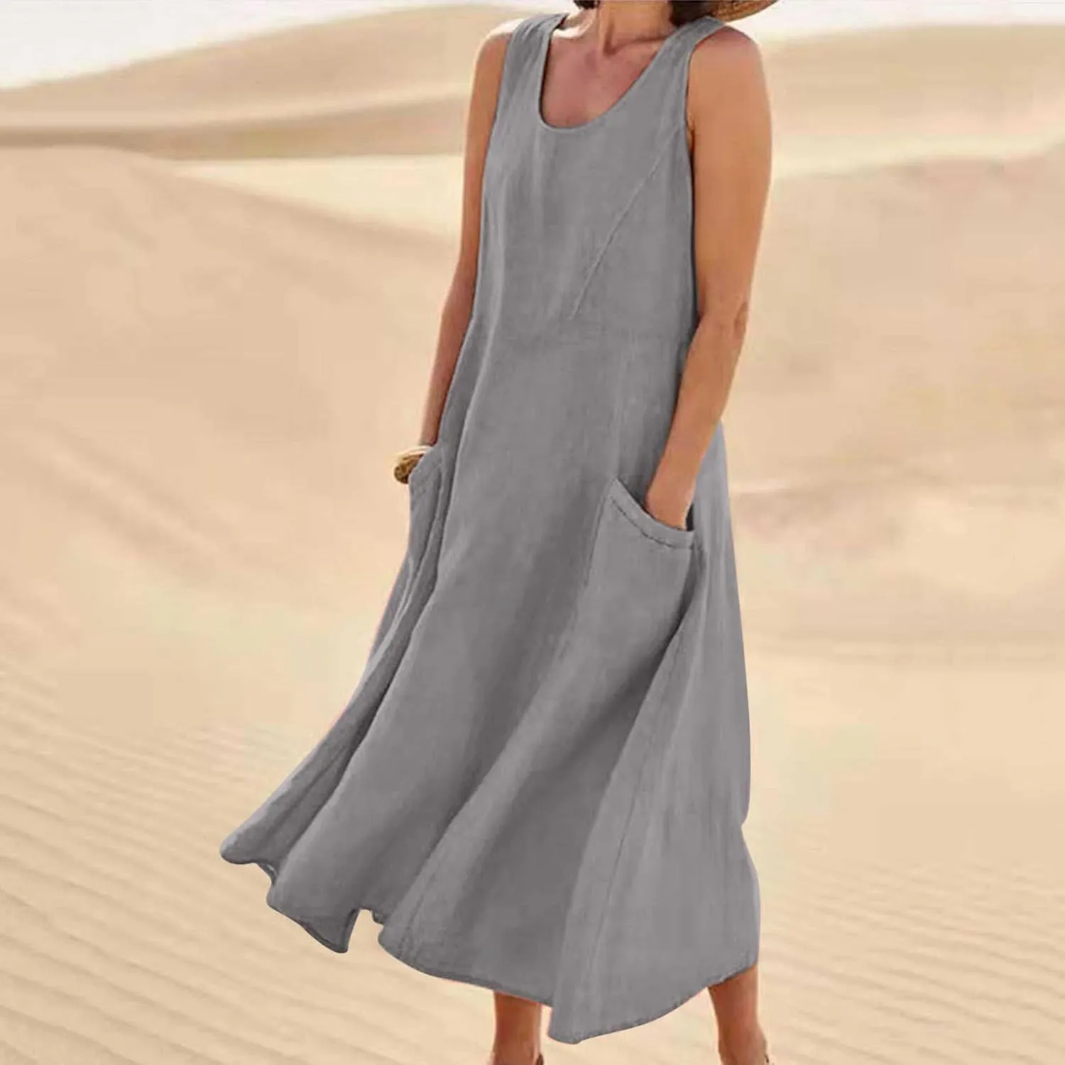 hlysgo Women Beach Dresses Summer Plus Size Sleeveless Scoop Neck Midi Dress Casual Flowy Vacation Sundress with Pockets