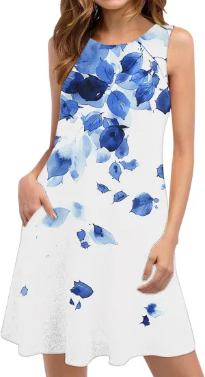 hlysgo Women's Casual Dresses 2025 Summer Sleeveless Crew Neck Mini Dress Ladies A-Line Flowy Beach Sundress with Pockets