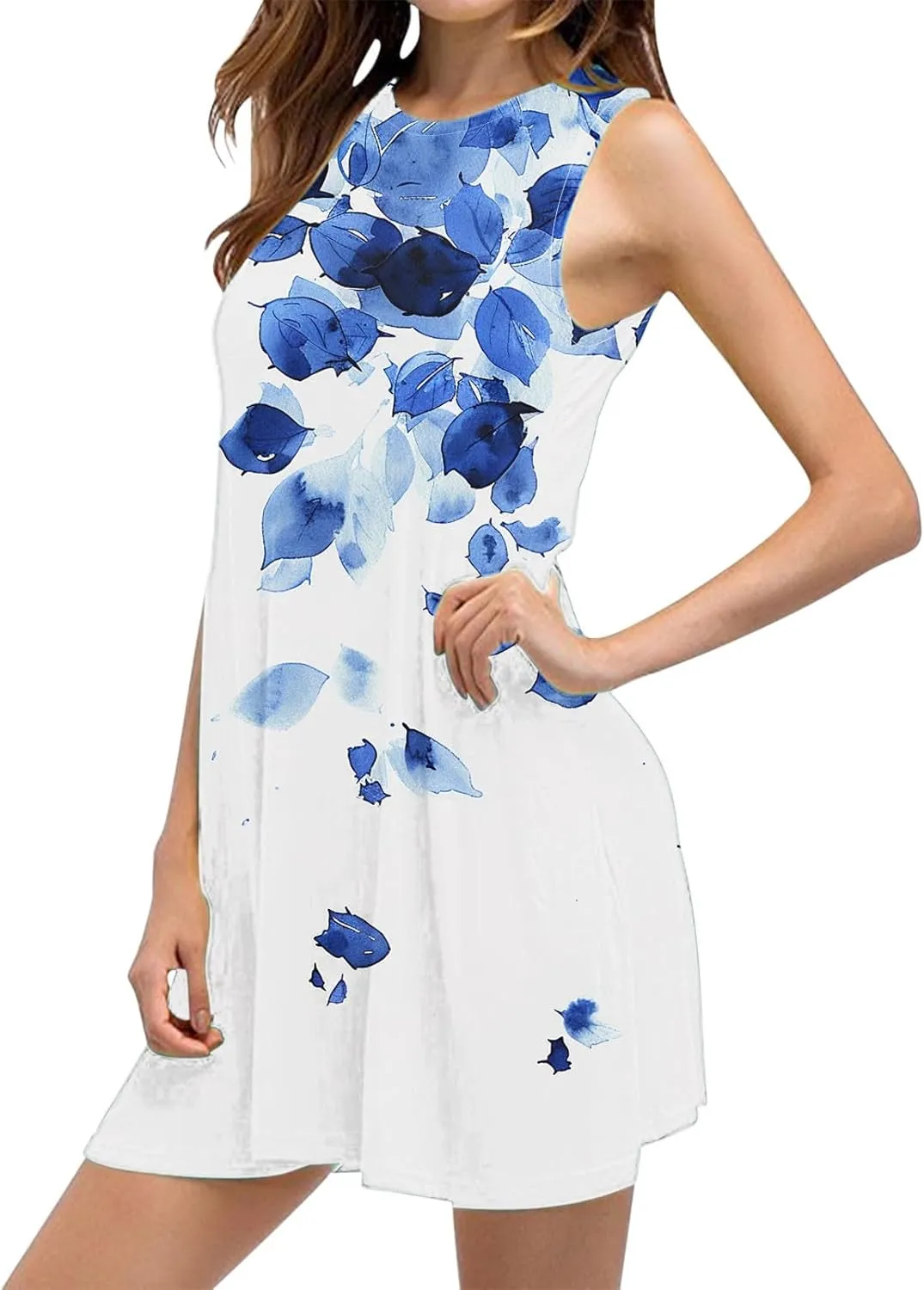 hlysgo Women's Casual Dresses 2025 Summer Sleeveless Crew Neck Mini Dress Ladies A-Line Flowy Beach Sundress with Pockets