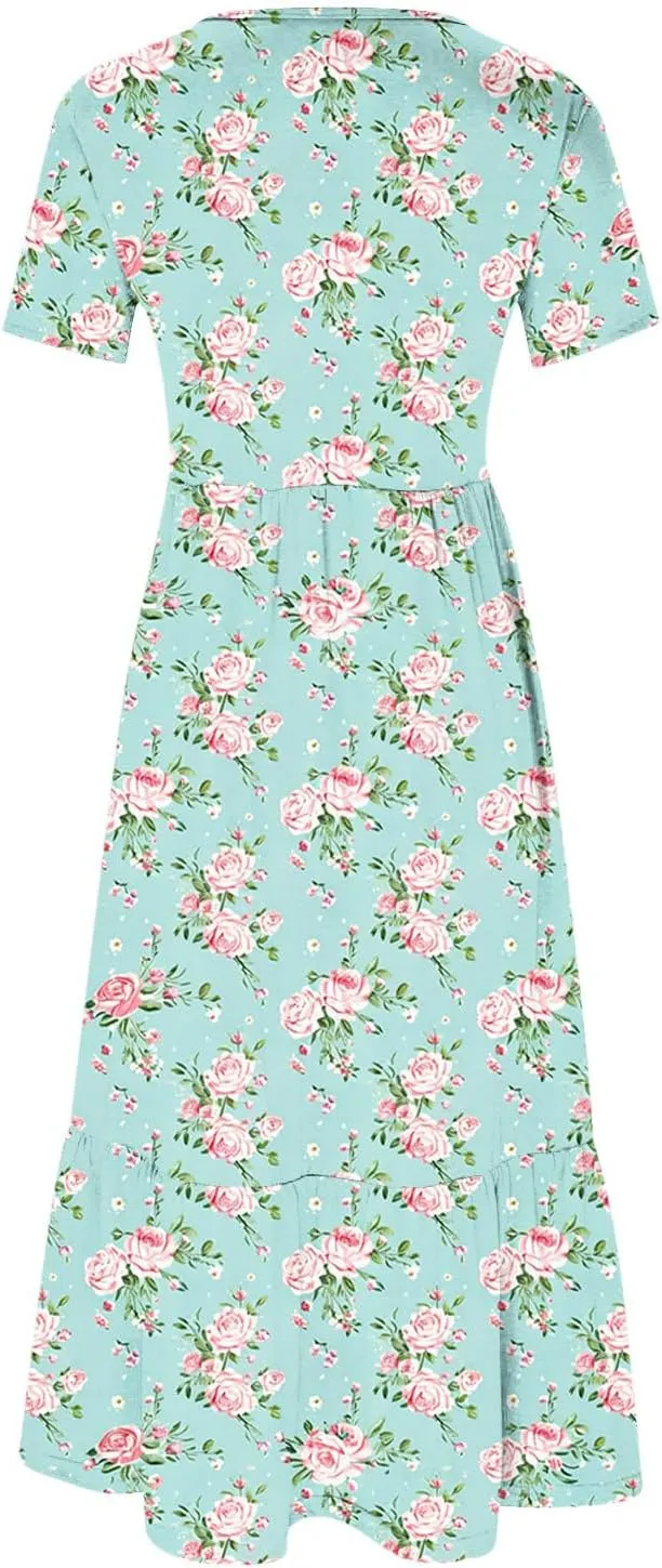 hlysgo Womens Summer Dresses 2024 Trendy Floral Print Short Sleeve Midi Dress Casual Ruffle Beach Vacation Dress with Pocket