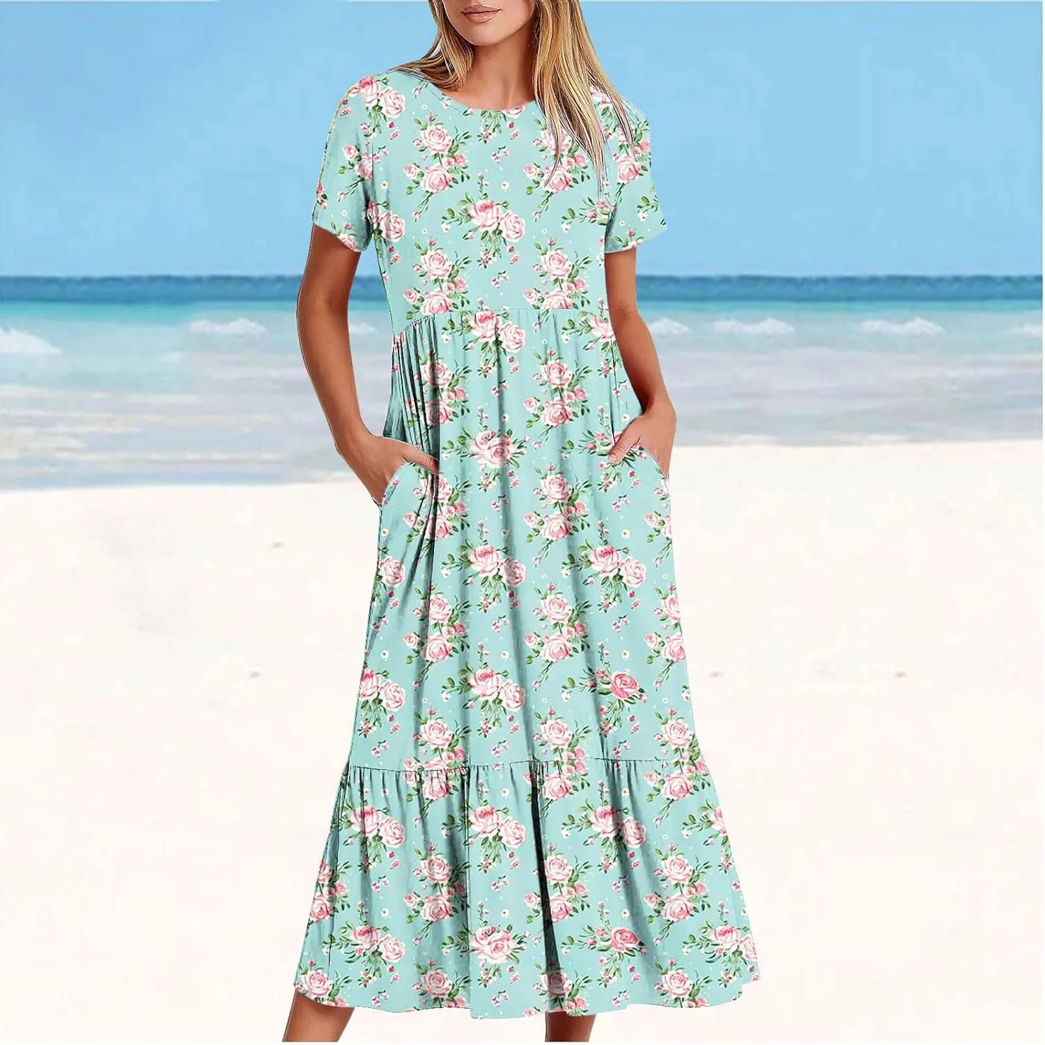 hlysgo Womens Summer Dresses 2024 Trendy Floral Print Short Sleeve Midi Dress Casual Ruffle Beach Vacation Dress with Pocket