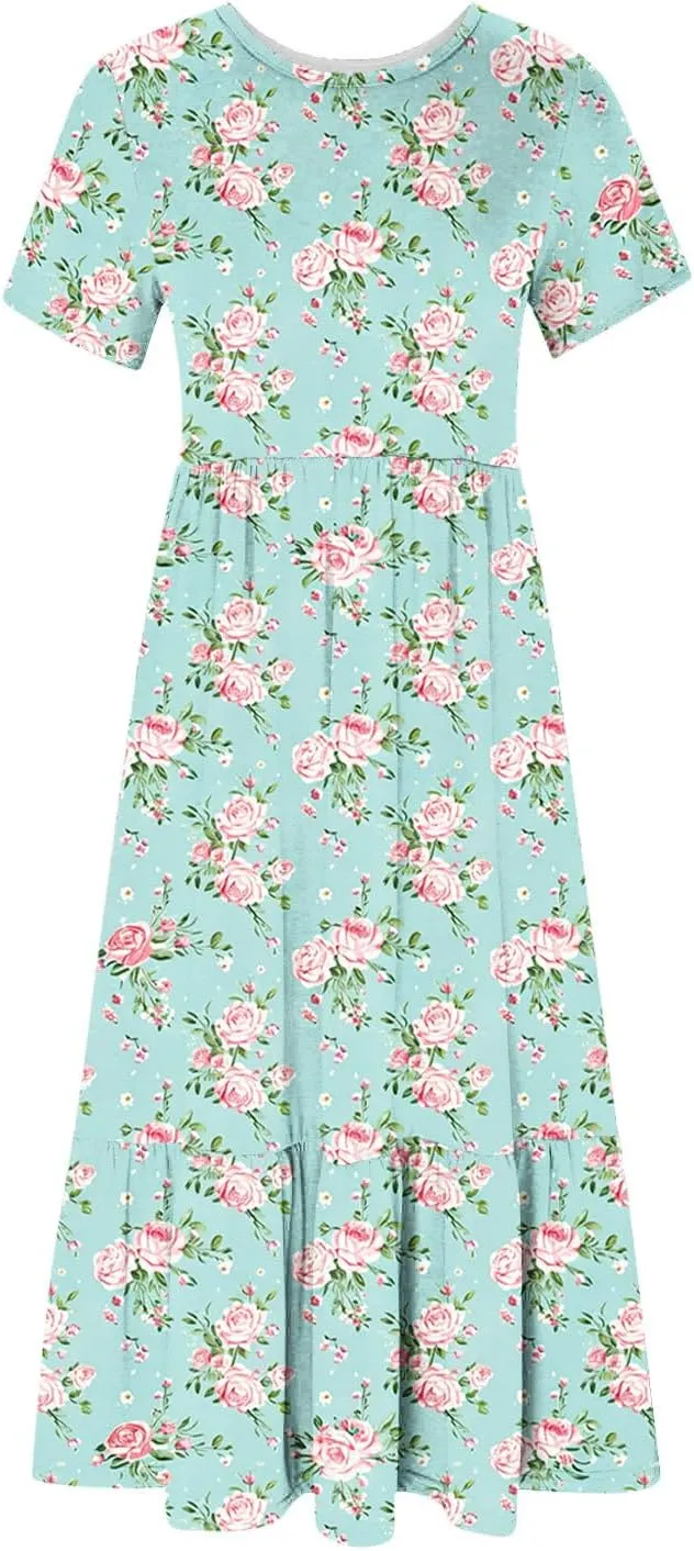 hlysgo Womens Summer Dresses 2024 Trendy Floral Print Short Sleeve Midi Dress Casual Ruffle Beach Vacation Dress with Pocket