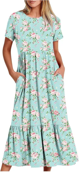 hlysgo Womens Summer Dresses 2024 Trendy Floral Print Short Sleeve Midi Dress Casual Ruffle Beach Vacation Dress with Pocket