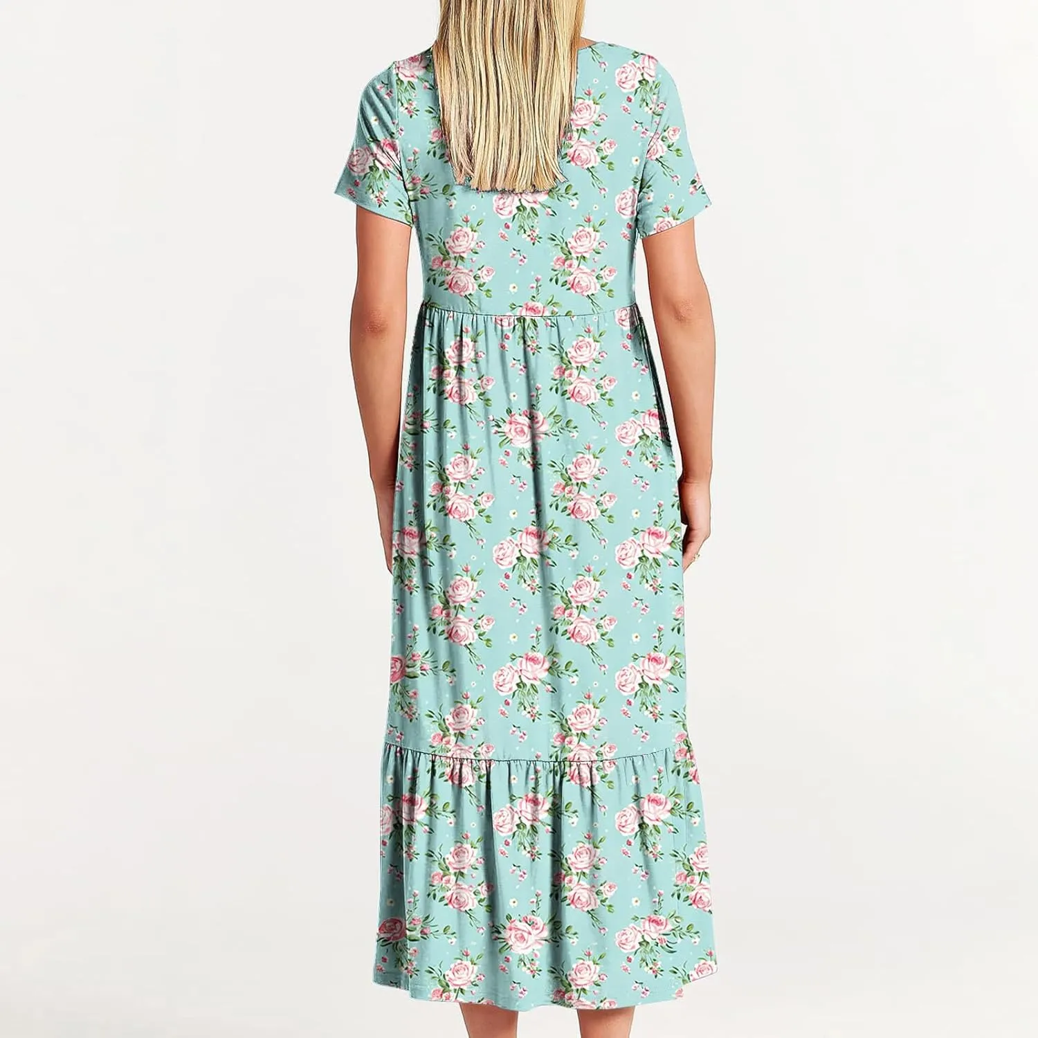 hlysgo Womens Summer Dresses 2024 Trendy Floral Print Short Sleeve Midi Dress Casual Ruffle Beach Vacation Dress with Pocket