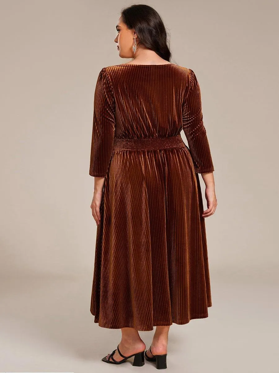 Ida | Plus Size Elegant Pleated Velvet Stretchy Tea Length Wedding Guest Dress