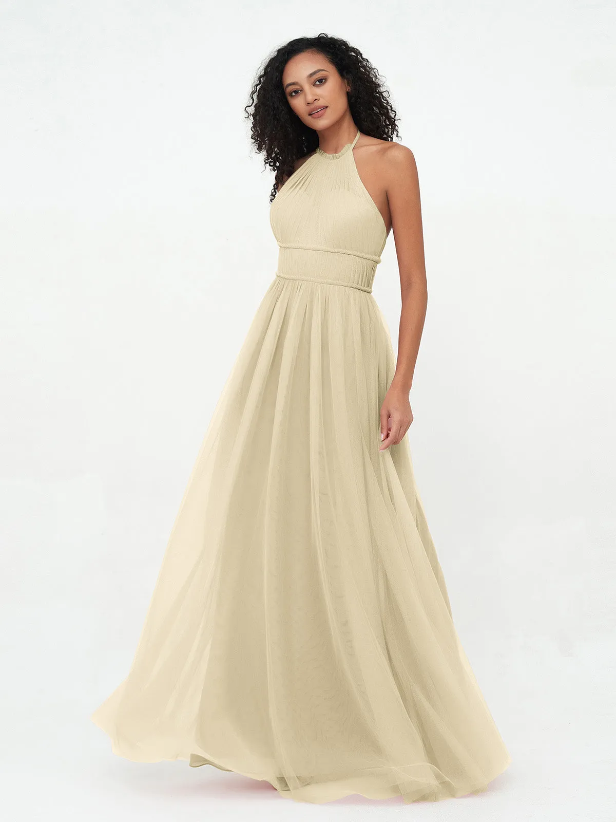 Illusion Halter Tulle Maxi Boho Dresses-Champagne