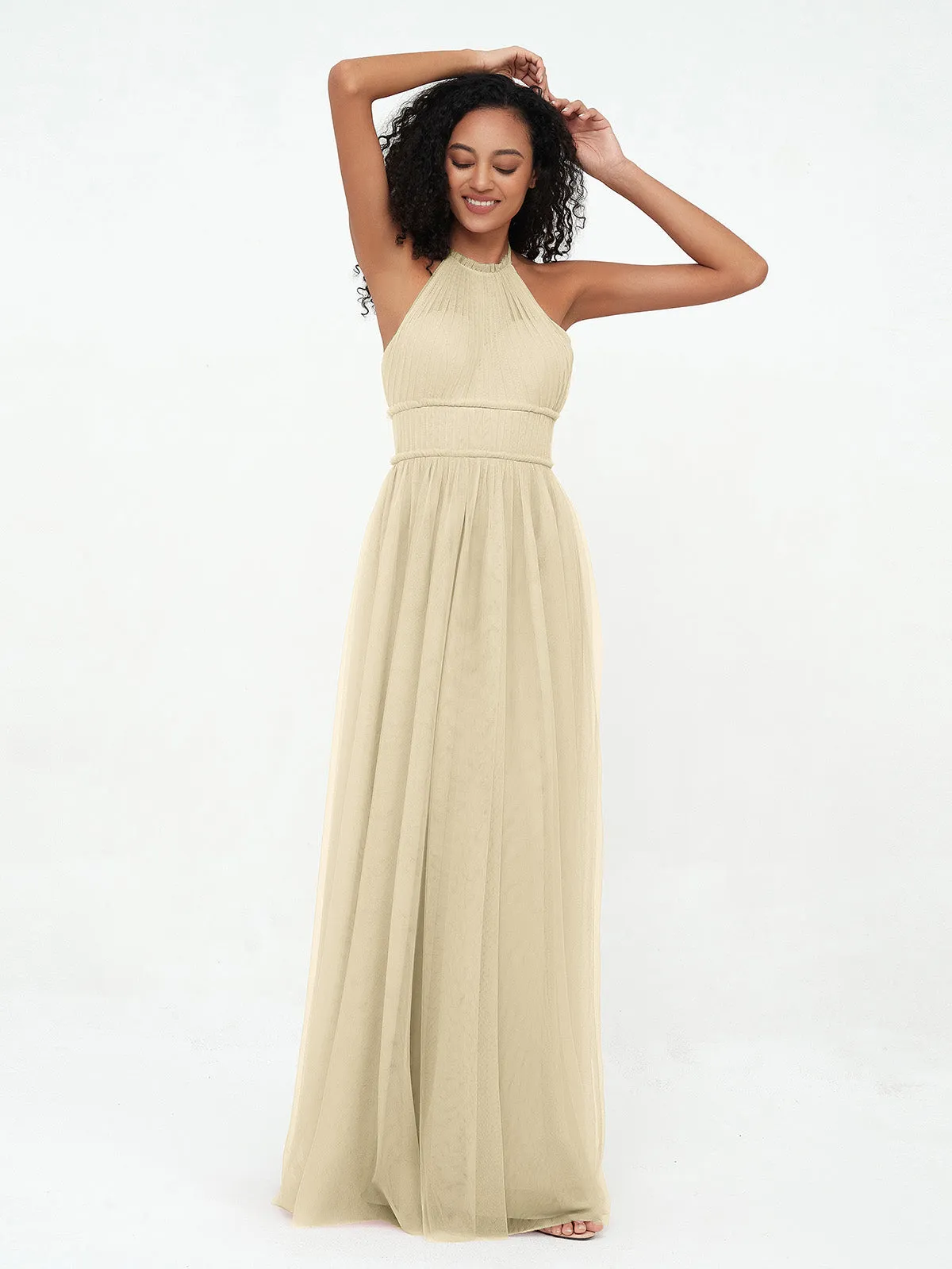 Illusion Halter Tulle Maxi Boho Dresses-Champagne