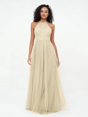 Illusion Halter Tulle Maxi Boho Dresses-Champagne