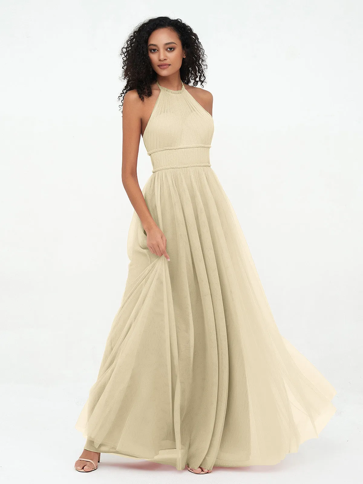 Illusion Halter Tulle Maxi Boho Dresses-Champagne