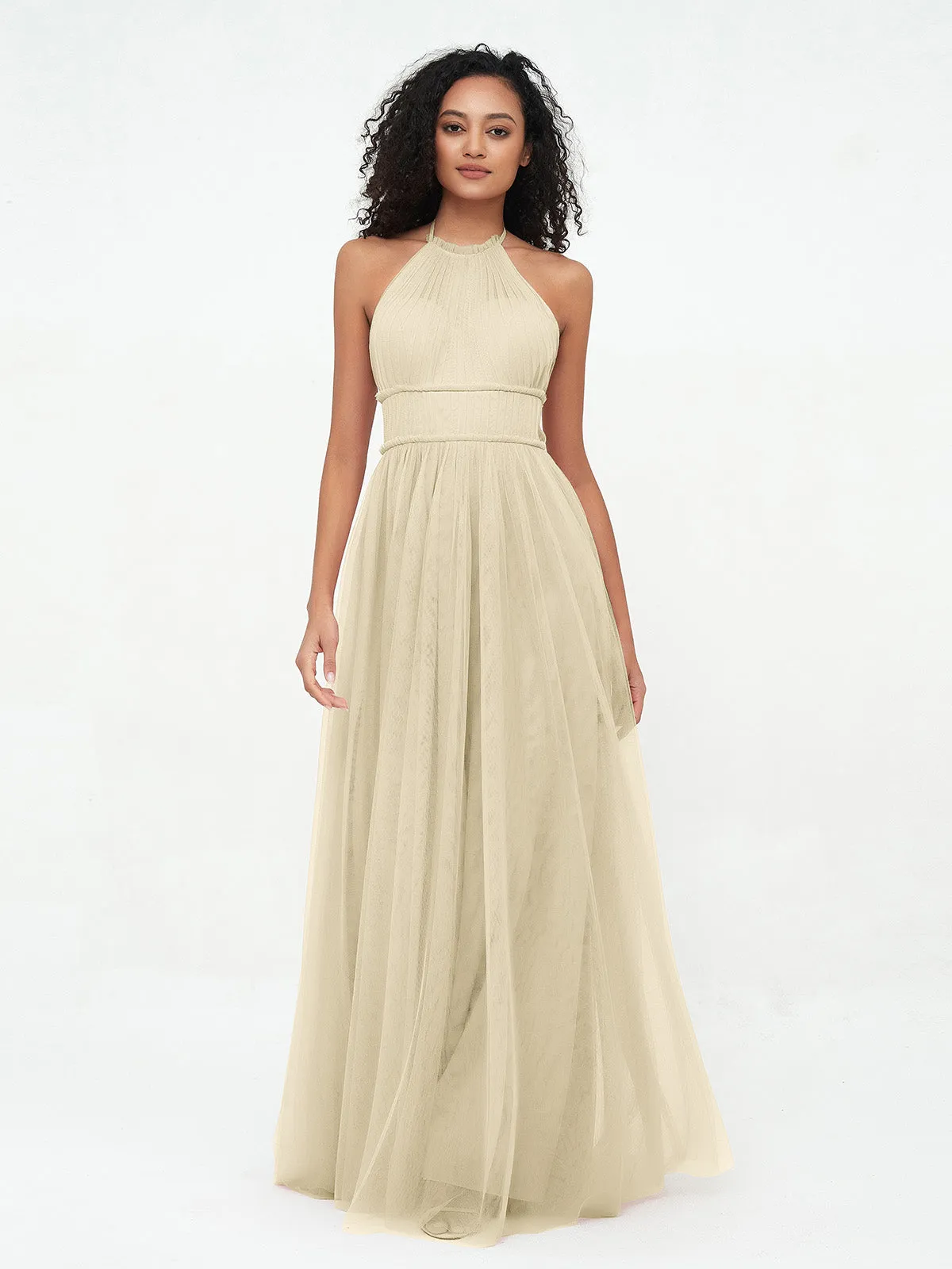 Illusion Halter Tulle Maxi Boho Dresses-Champagne
