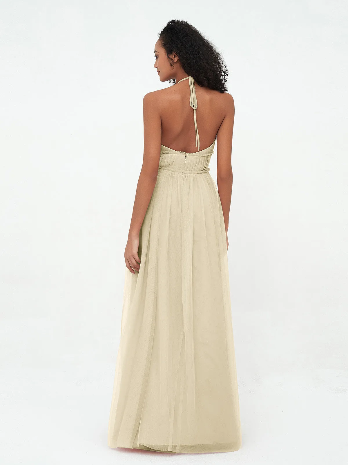 Illusion Halter Tulle Maxi Boho Dresses-Champagne