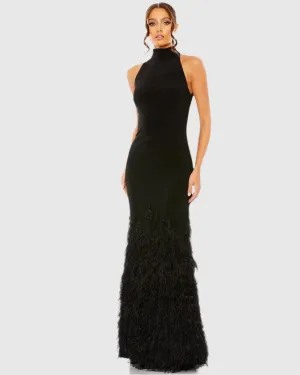 Jersey Halter Gown with Feather Tiered Detail - Black