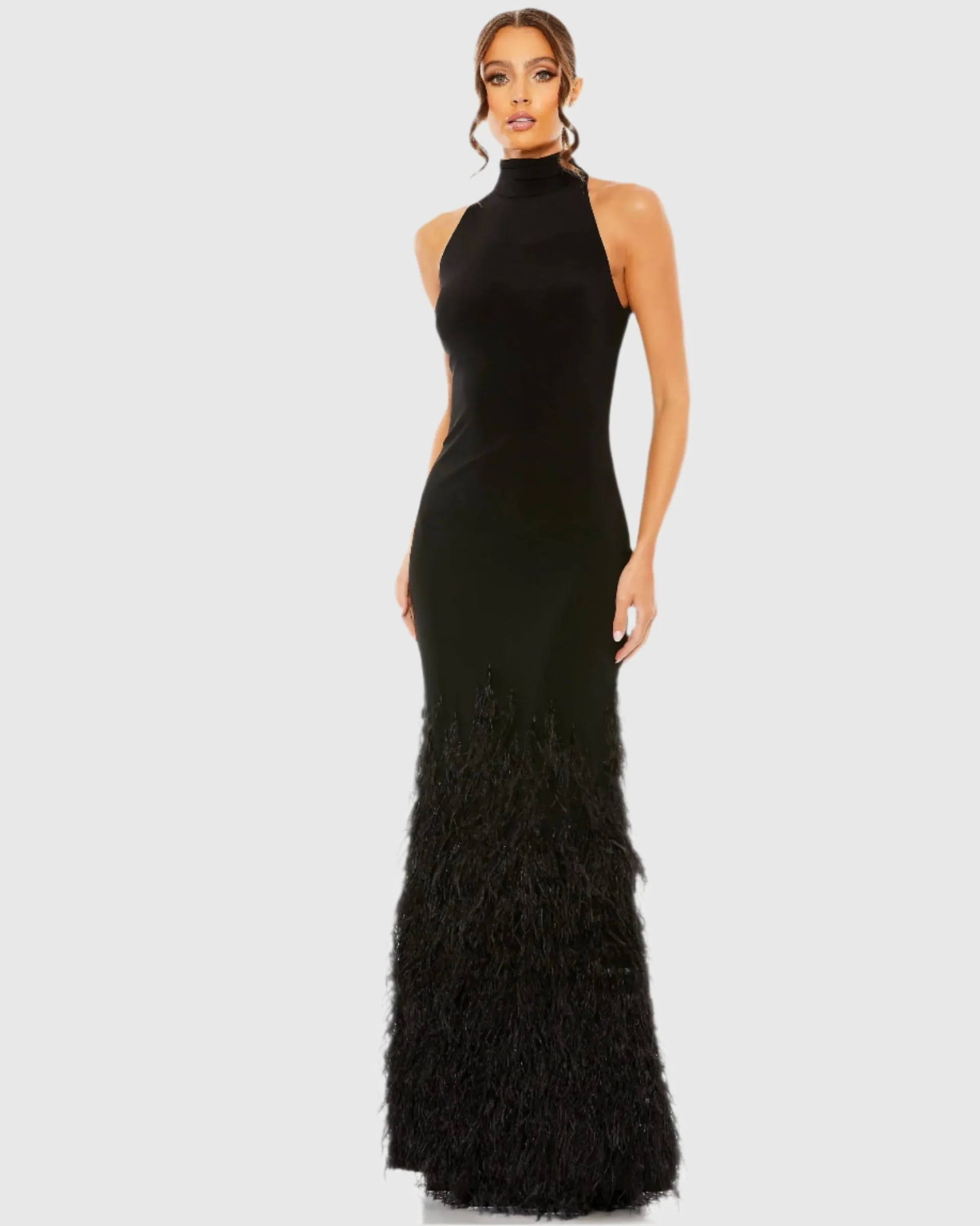 Jersey Halter Gown with Feather Tiered Detail - Black