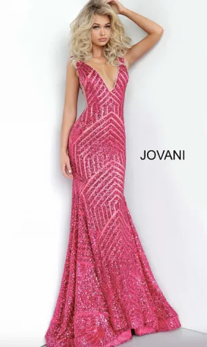 Jovani Plunging Neckline Open Back Cut Out Sequins Gown