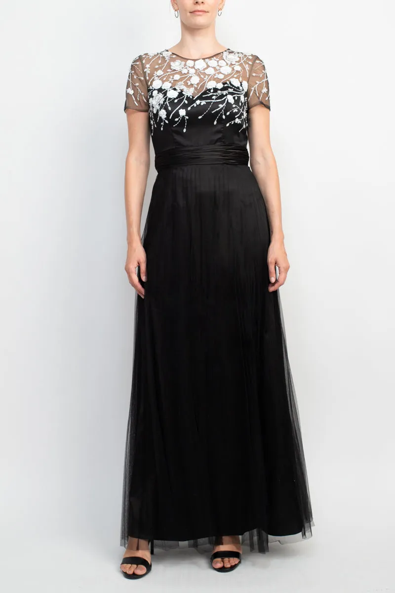 JS Collections Crew Neck Short Sleeve Embellished Mesh Gown