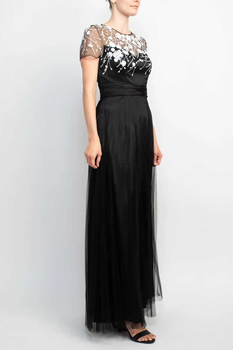 JS Collections Crew Neck Short Sleeve Embellished Mesh Gown