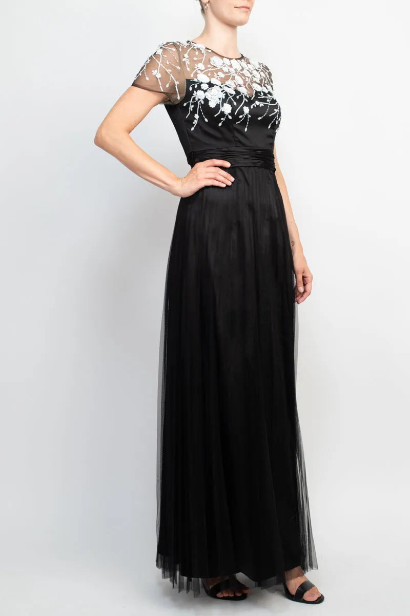 JS Collections Crew Neck Short Sleeve Embellished Mesh Gown