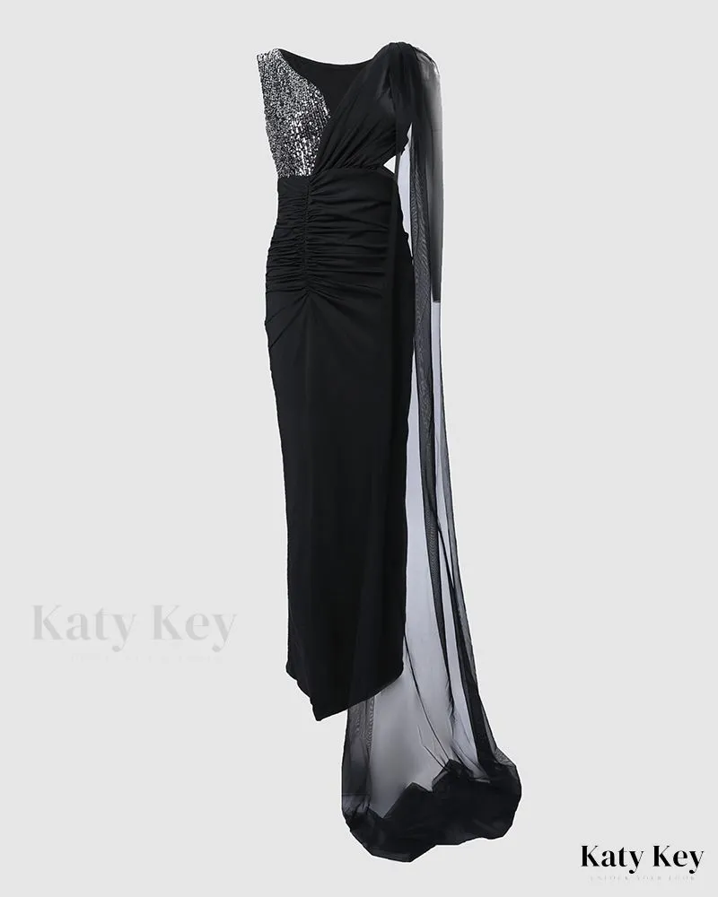 KatyKey - Chic and Stylish Contrast Mesh Cutout High Slit Party Dress