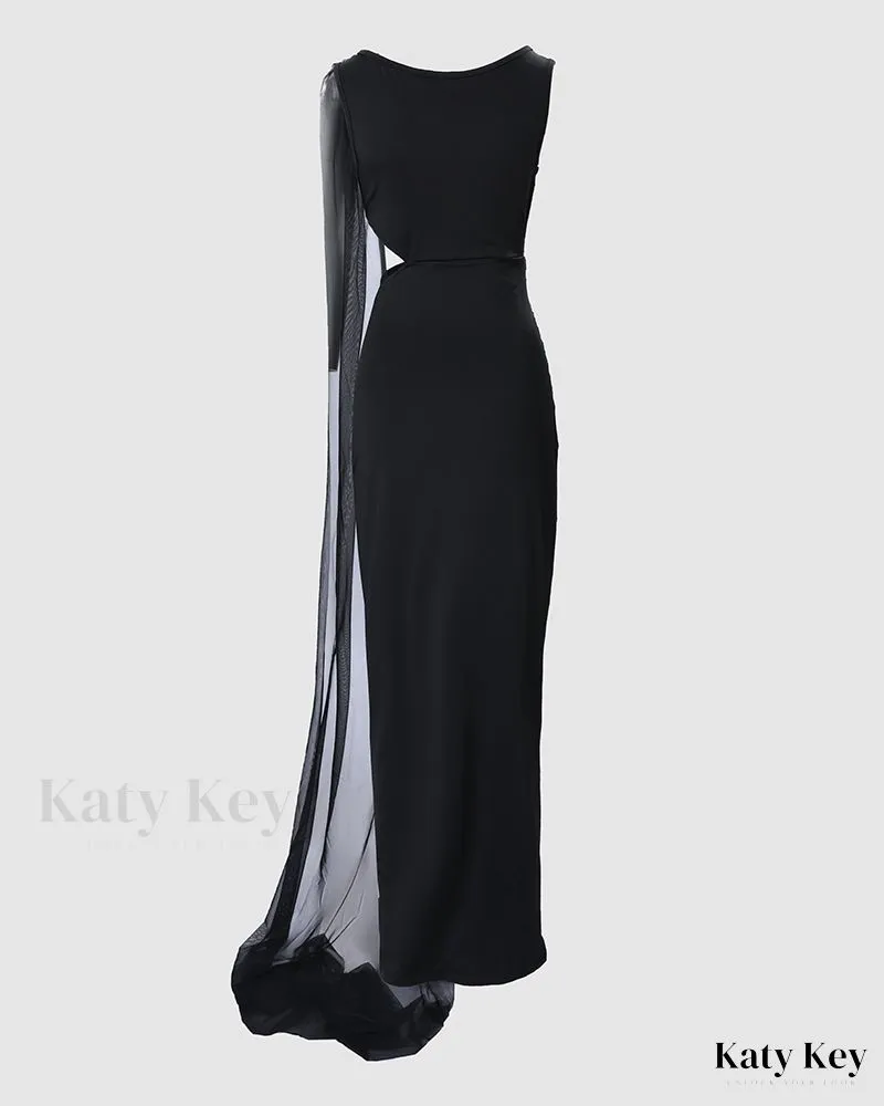 KatyKey - Chic and Stylish Contrast Mesh Cutout High Slit Party Dress